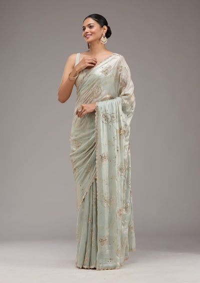 Pista Green Stonework Tissue Saree-Koskii