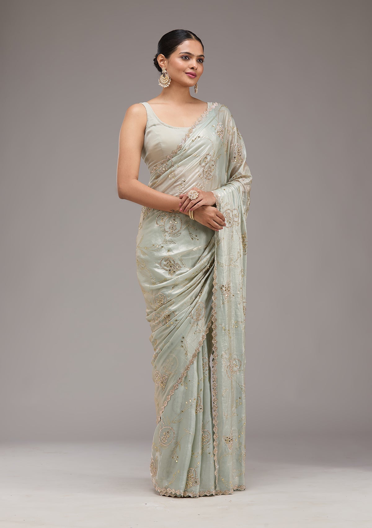 Pista Green Stonework Tissue Saree-Koskii