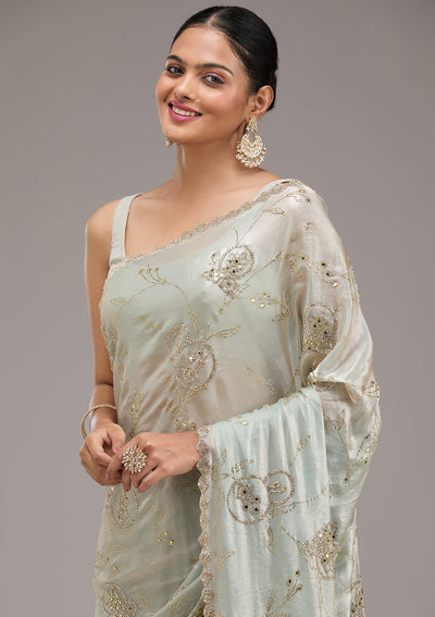 Pista Green Stonework Tissue Saree-Koskii