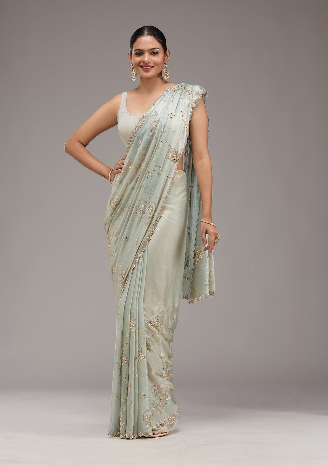 Pista Green Stonework Tissue Saree-Koskii