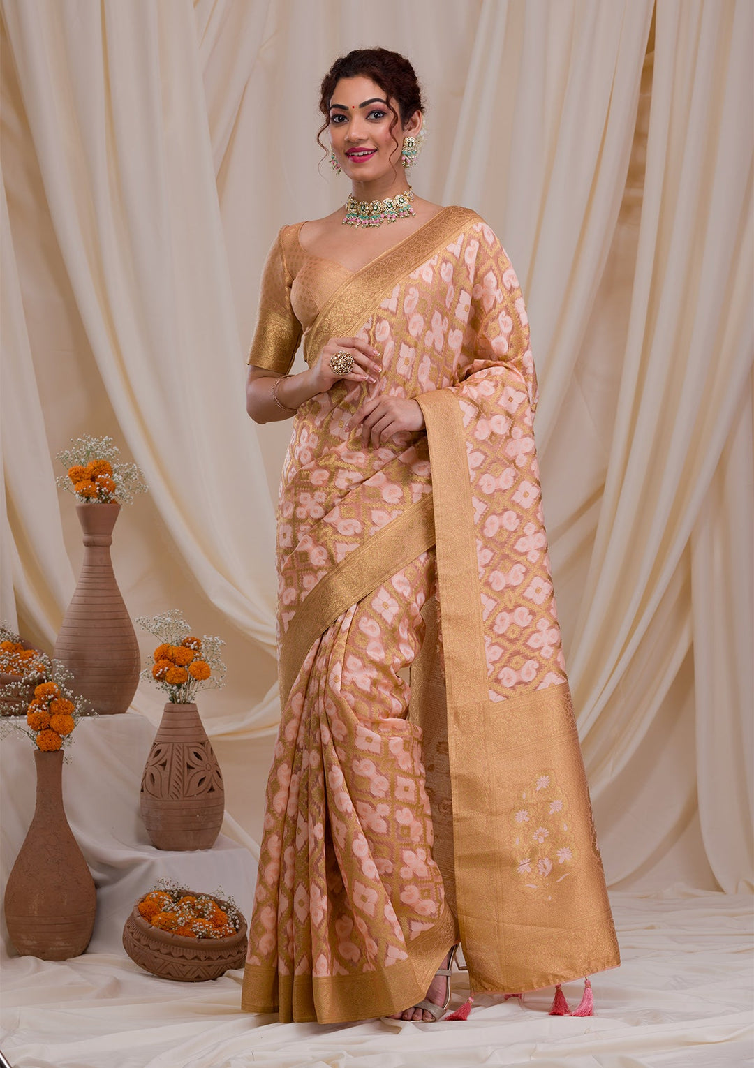 Peach Zariwork Art Silk Saree-Koskii