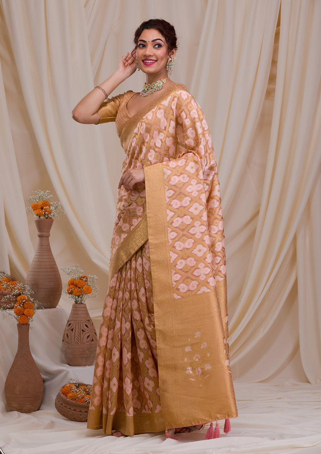 Onion Pink Sequins Georgette Designer Saree-Koskii