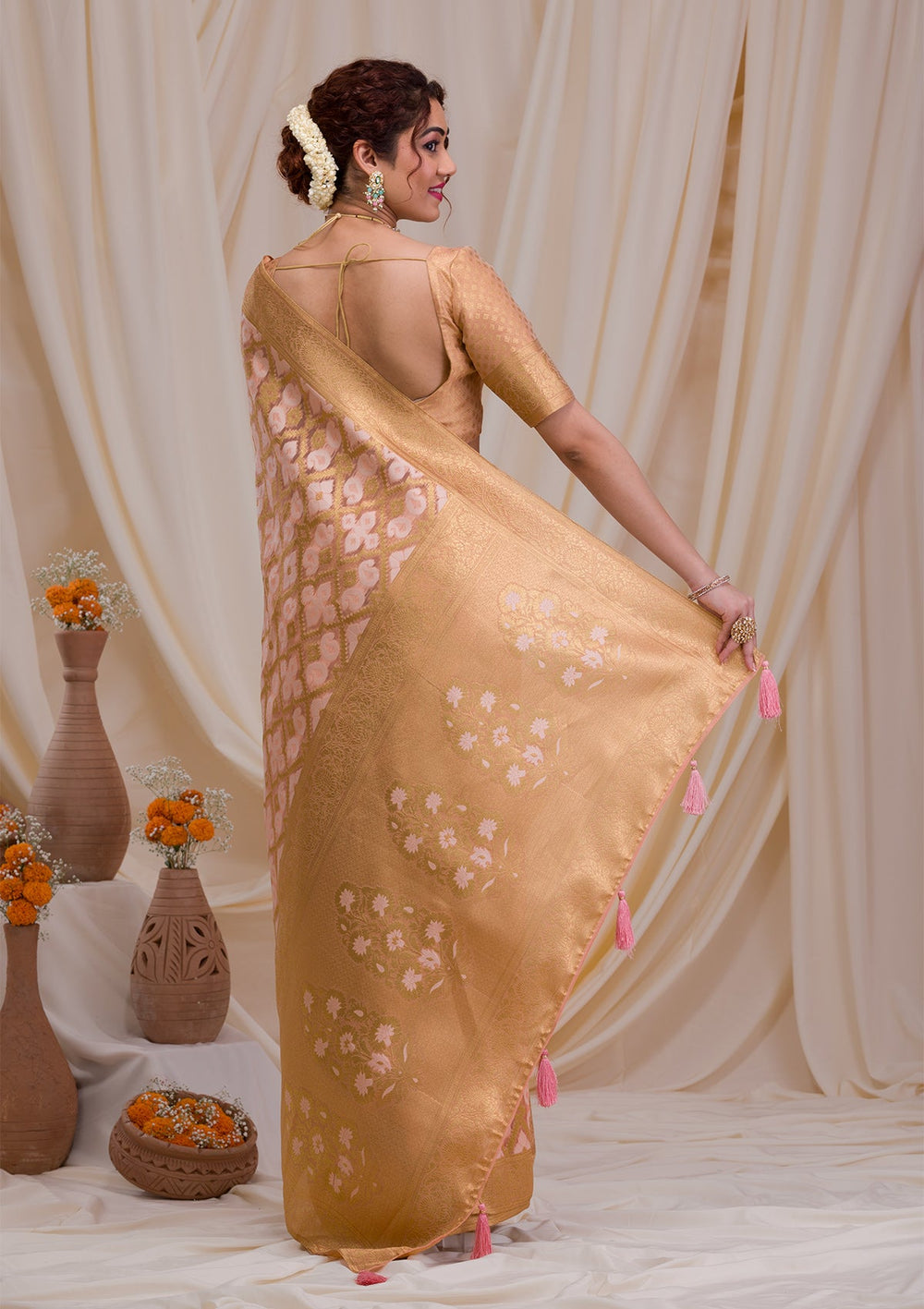 Mustard Sequins Georgette Designer Saree-Koskii