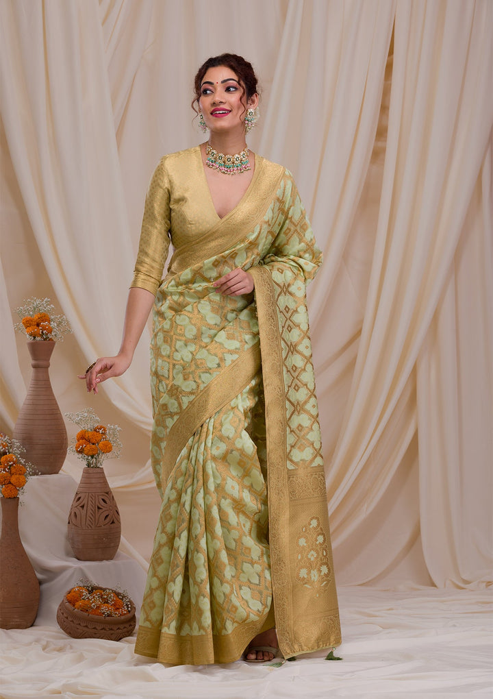 Pista Green Zariwork Banarasi Silk Saree-Koskii