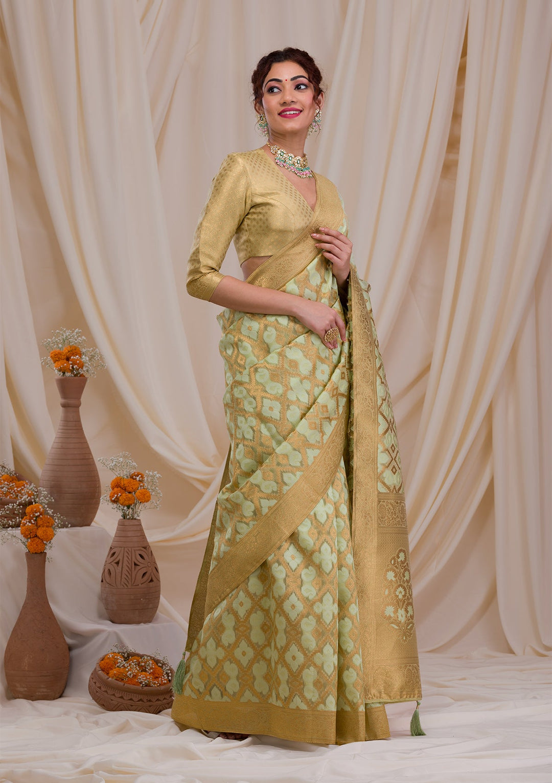Mustard Sequins Georgette Designer Saree-Koskii