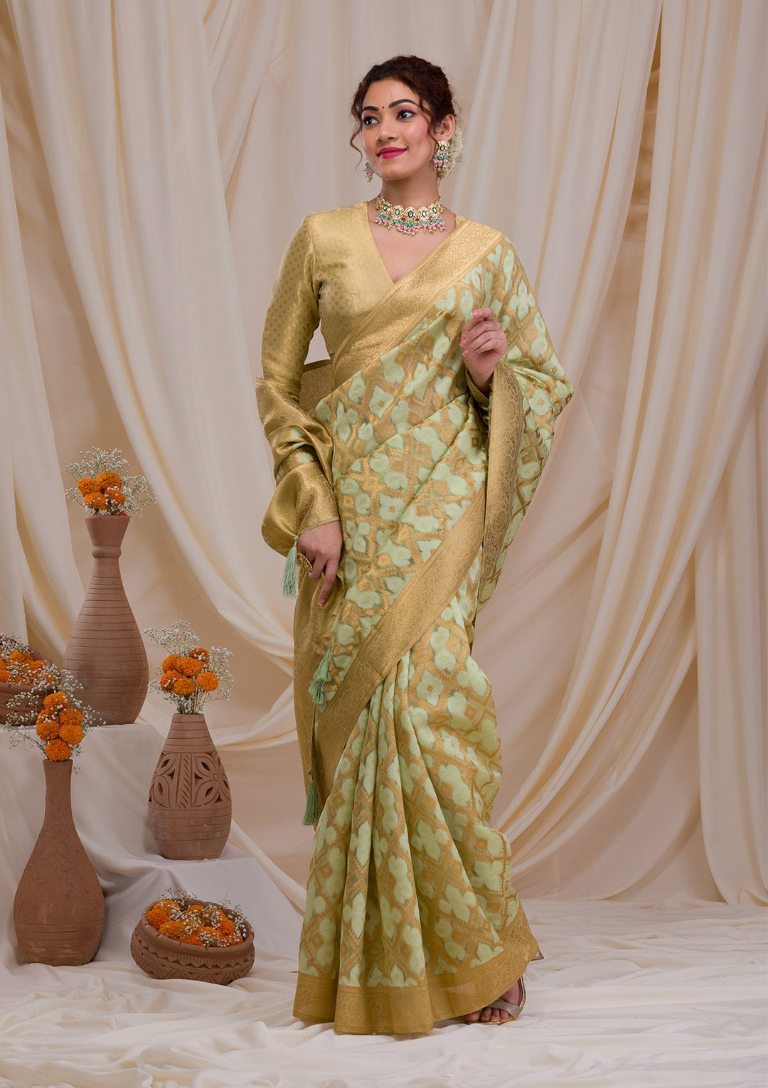 Mustard Sequins Georgette Designer Saree-Koskii