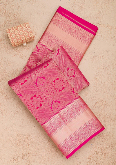 Magenta Pink Zariwork Pure Silk Saree-Koskii