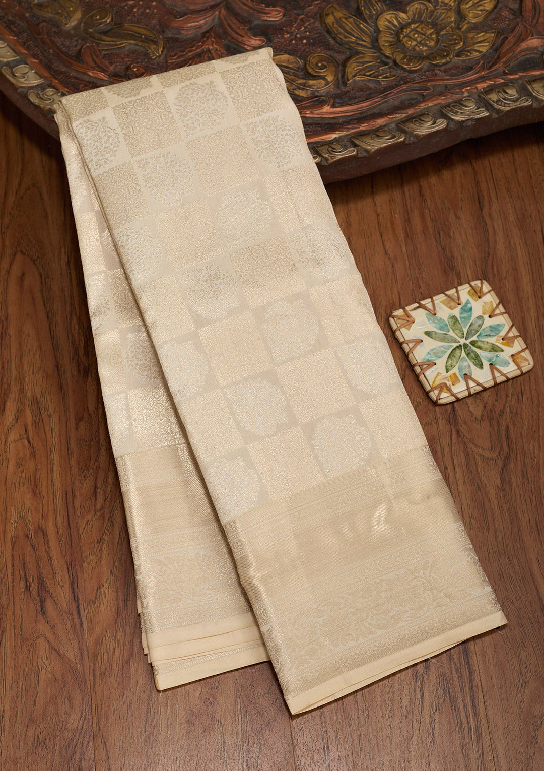 Cream Zariwork Pure Silk Saree-koskii