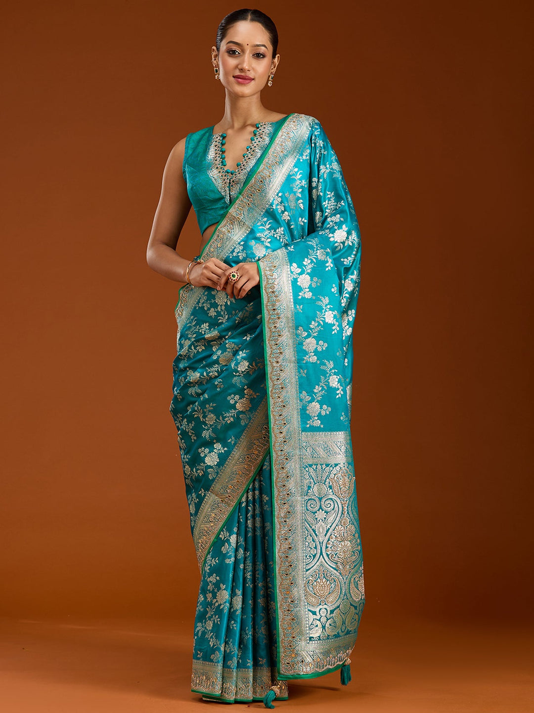 Turquoise Blue Stonework Silk Saree-Koskii