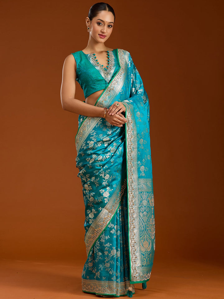 Turquoise Blue Stonework Silk Saree-Koskii