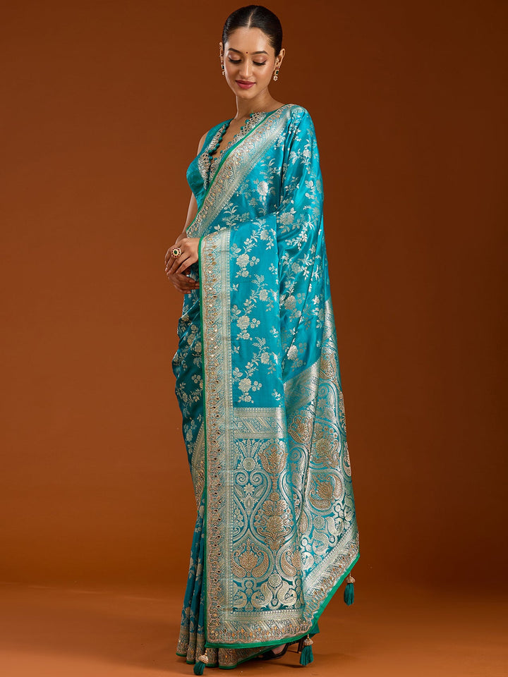 Turquoise Blue Stonework Silk Saree-Koskii