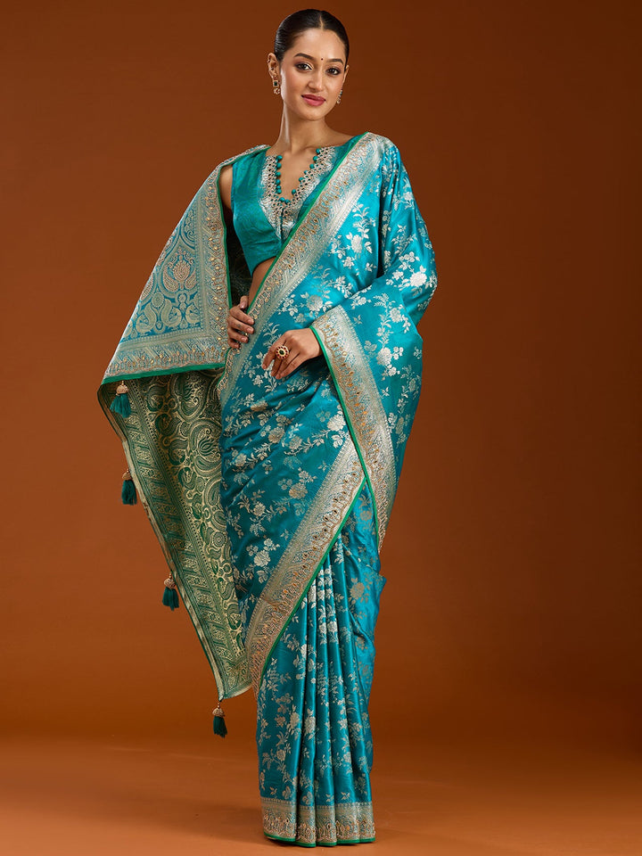 Turquoise Blue Stonework Silk Saree-Koskii