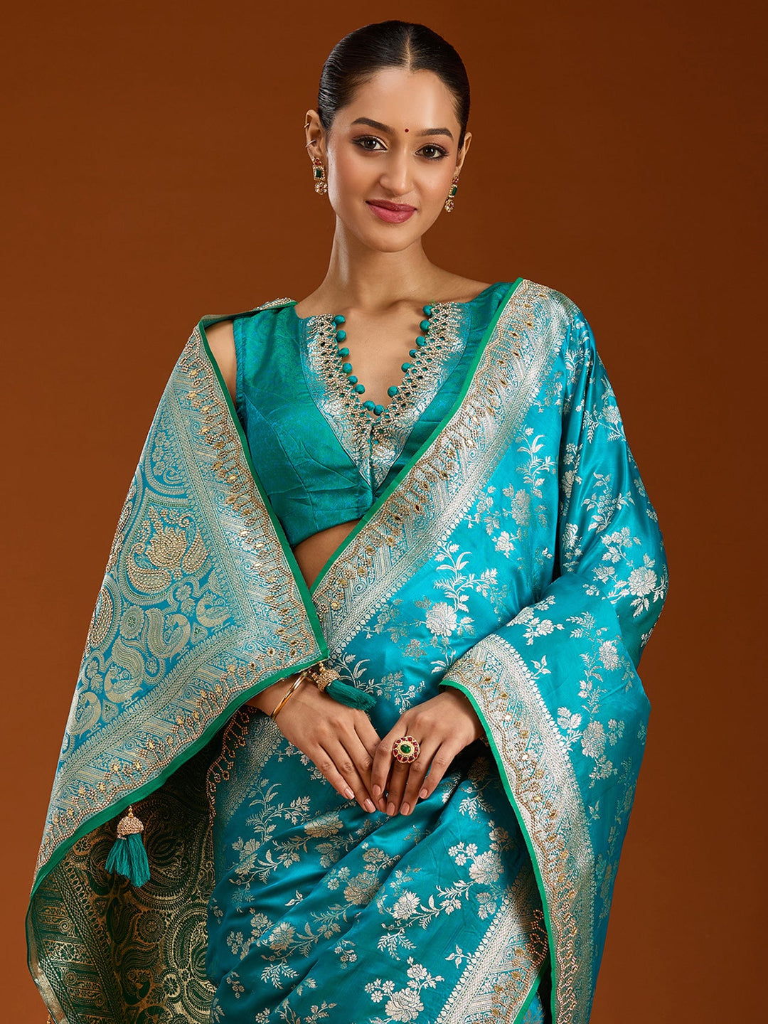 Turquoise Blue Stonework Silk Saree-Koskii