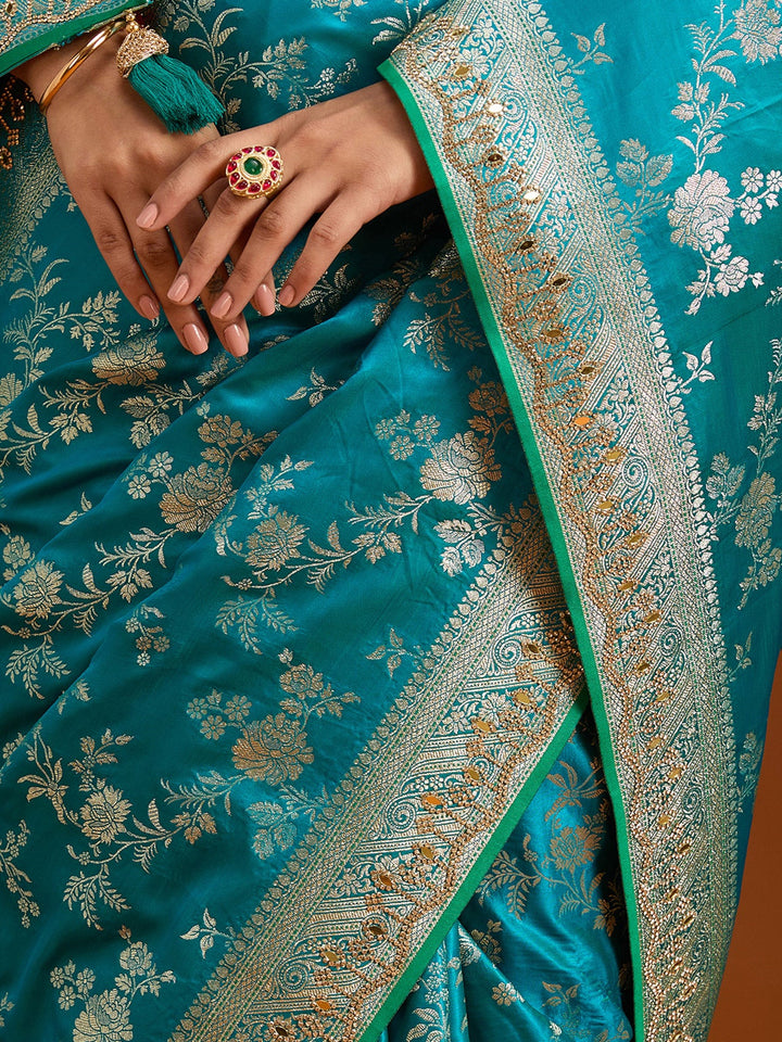 Turquoise Blue Stonework Silk Saree-Koskii