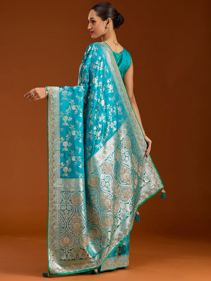 Turquoise Blue Stonework Silk Saree-Koskii