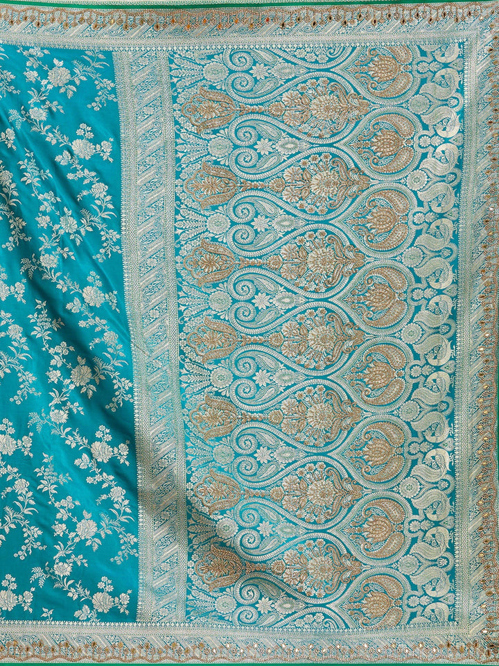Turquoise Blue Stonework Silk Saree-Koskii