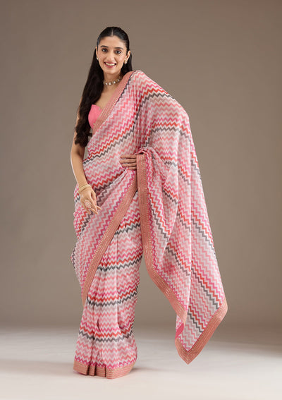 Peach Threadwork Tissue Saree-Koskii