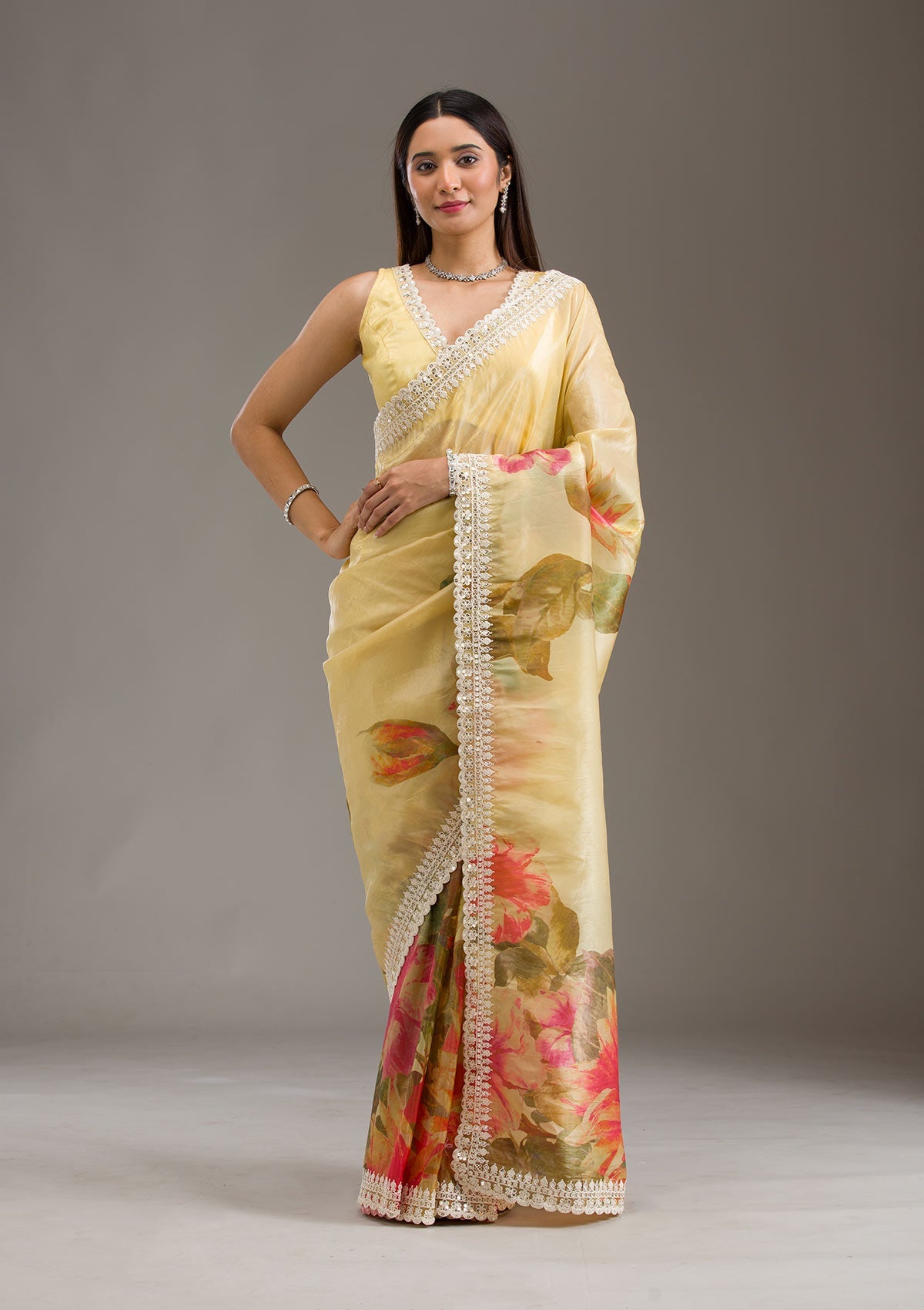 Yellow Sequins Tissue Saree-Koskii