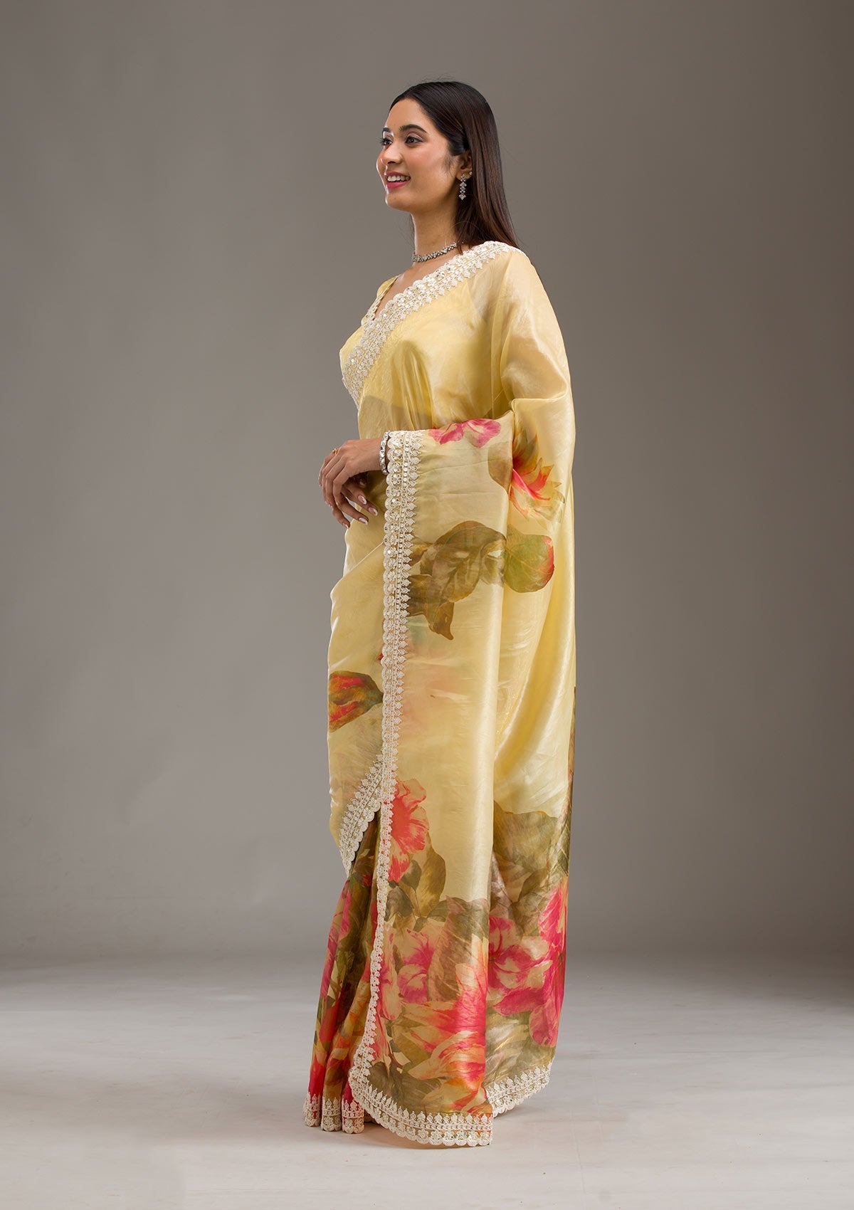 Yellow Sequins Tissue Saree-Koskii