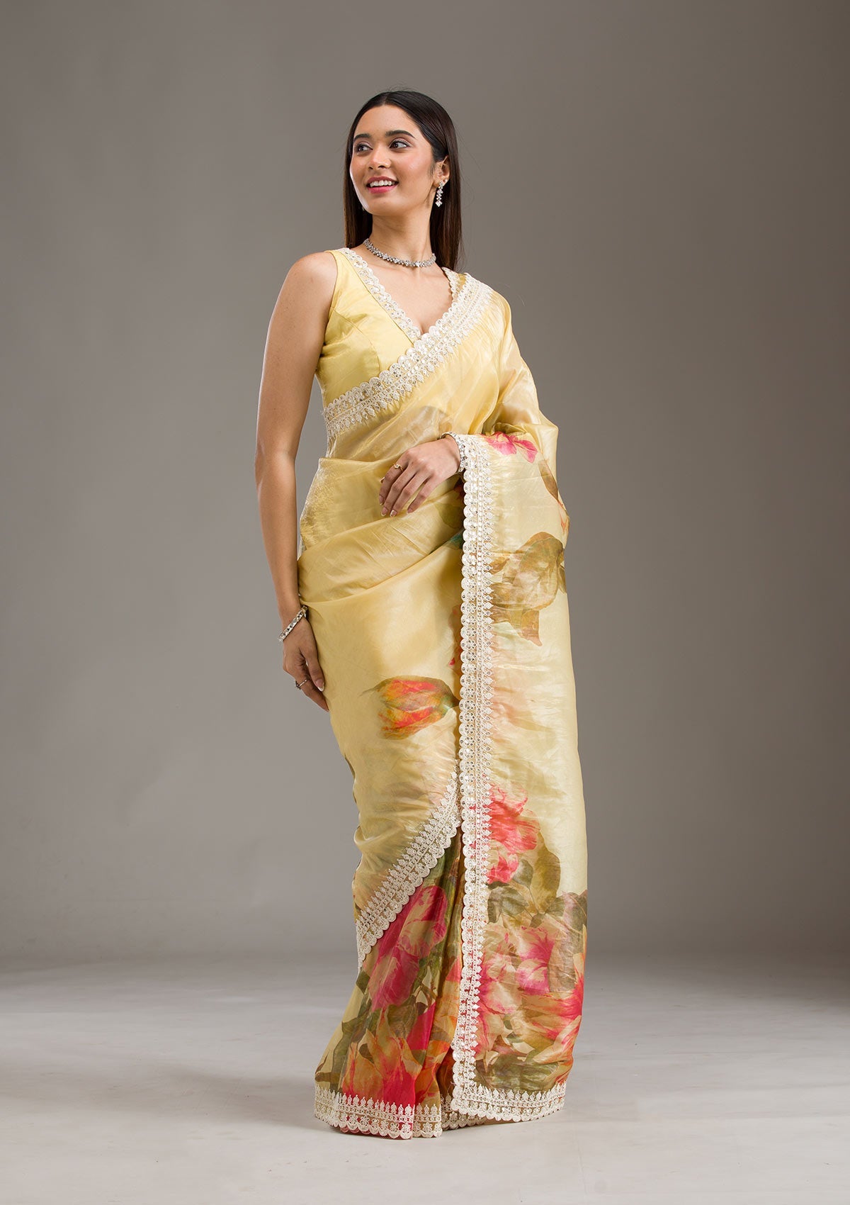 Yellow Sequins Tissue Saree-Koskii