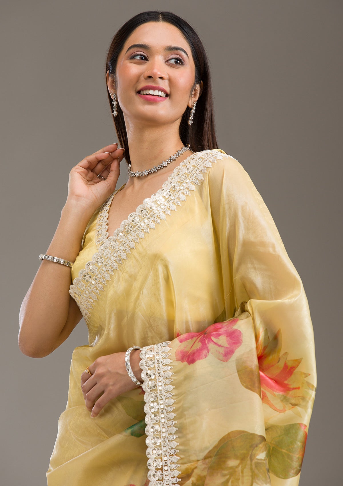 Yellow Sequins Tissue Saree-Koskii