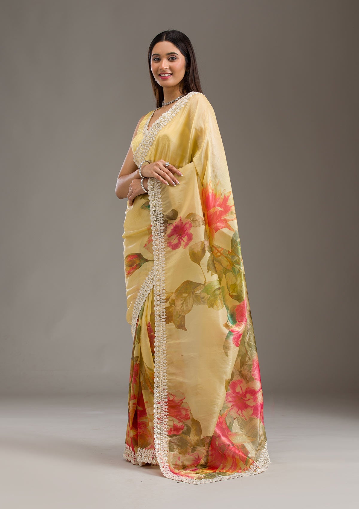 Yellow Sequins Tissue Saree-Koskii