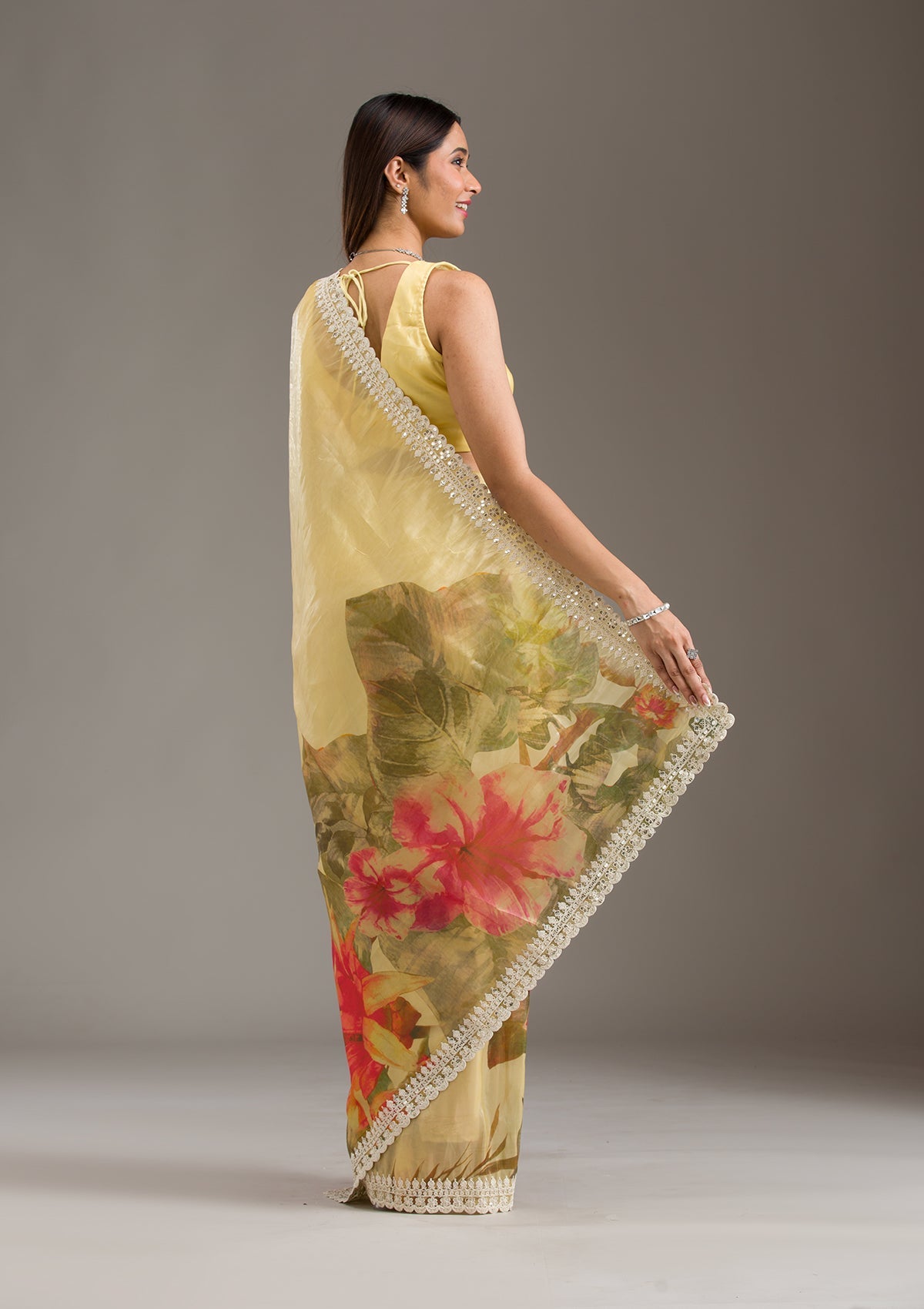 Yellow Sequins Tissue Saree-Koskii