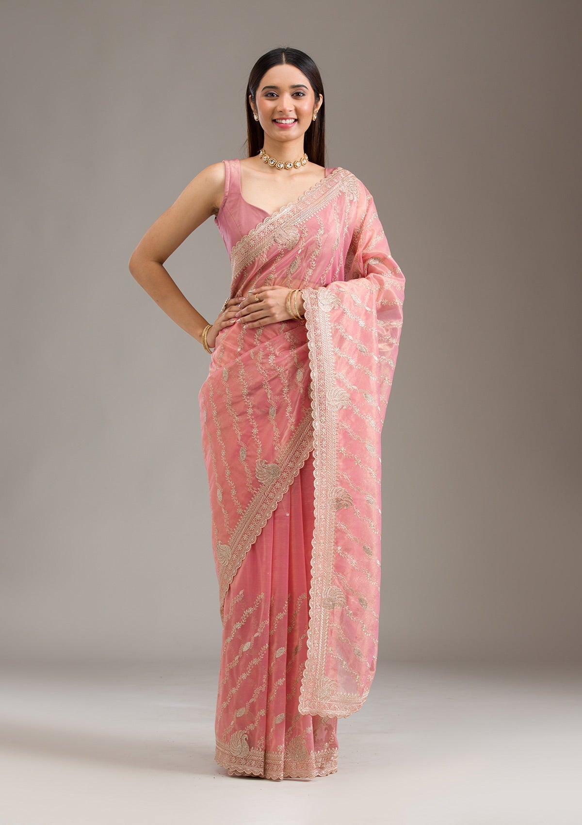 Pink Zariwork Art Silk Saree-Koskii