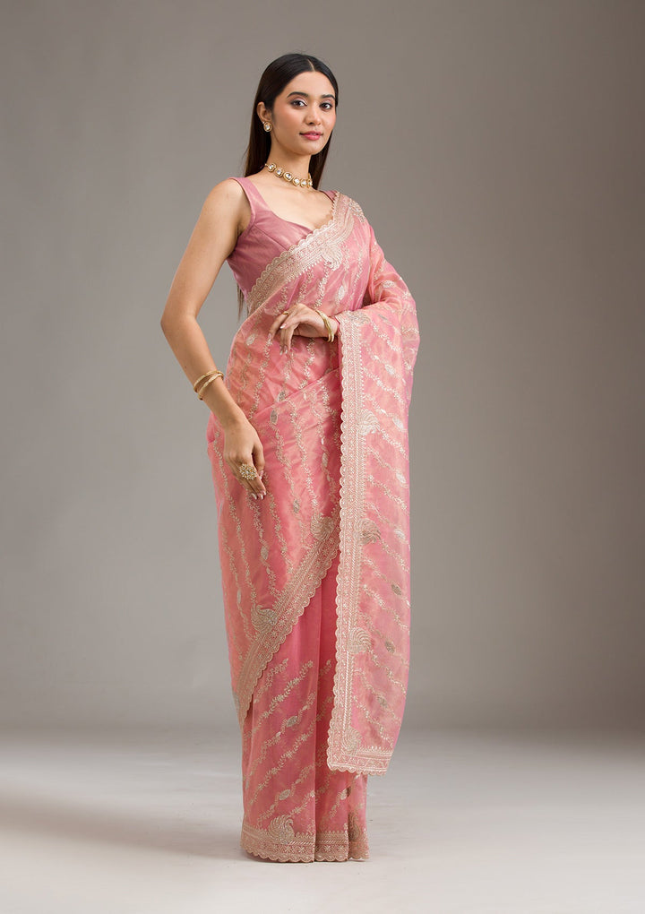 Pink Zariwork Art Silk Saree-Koskii