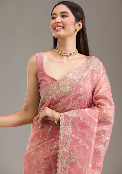 Pink Zariwork Art Silk Saree-Koskii