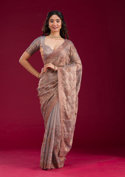 Light Brown Threadwork Raw Silk Saree-Koskii