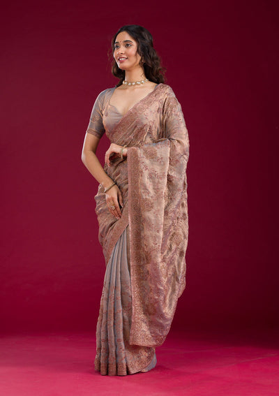 Light Brown Threadwork Raw Silk Saree-Koskii