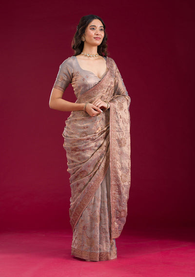 Light Brown Threadwork Raw Silk Saree-Koskii