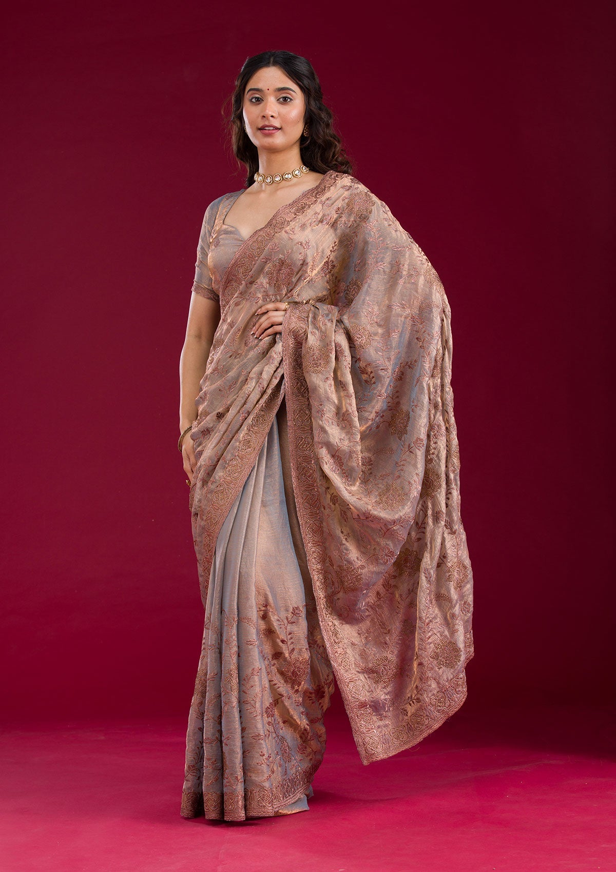 Light Brown Threadwork Raw Silk Saree-Koskii