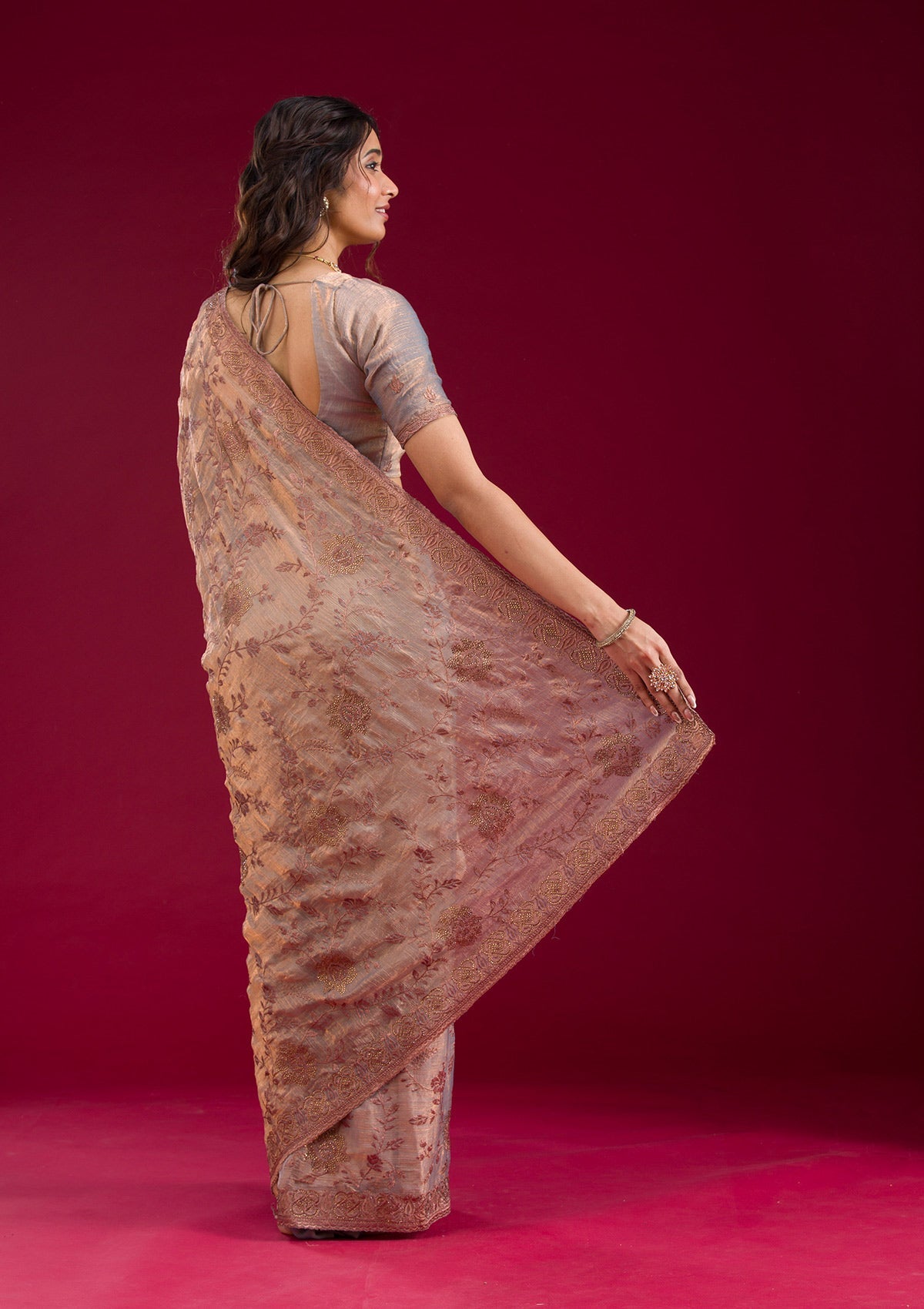 Light Brown Threadwork Raw Silk Saree-Koskii