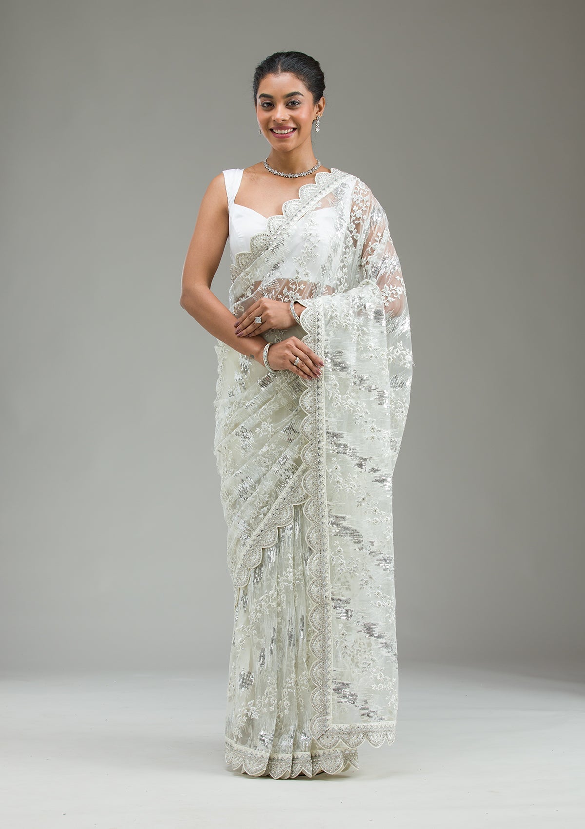 Off White Threadwork Net Saree-Koskii