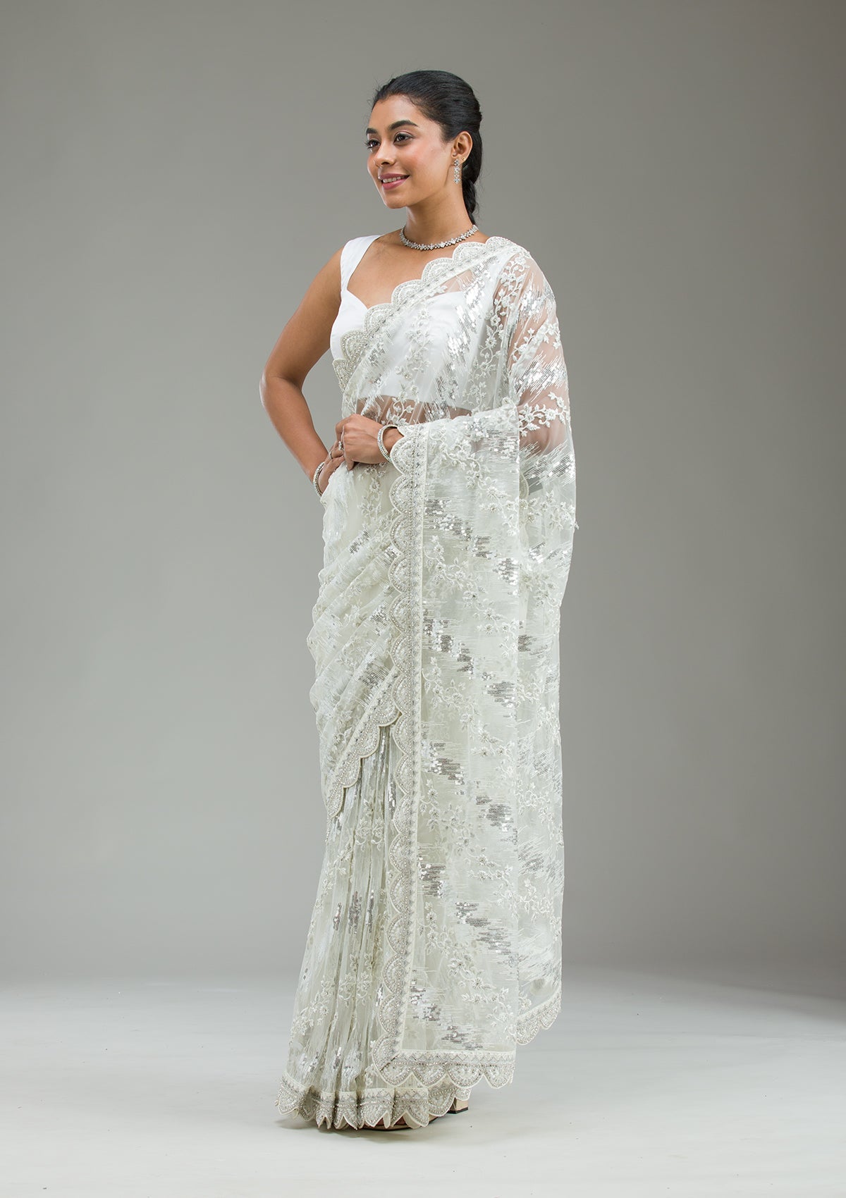 Off White Threadwork Net Saree-Koskii