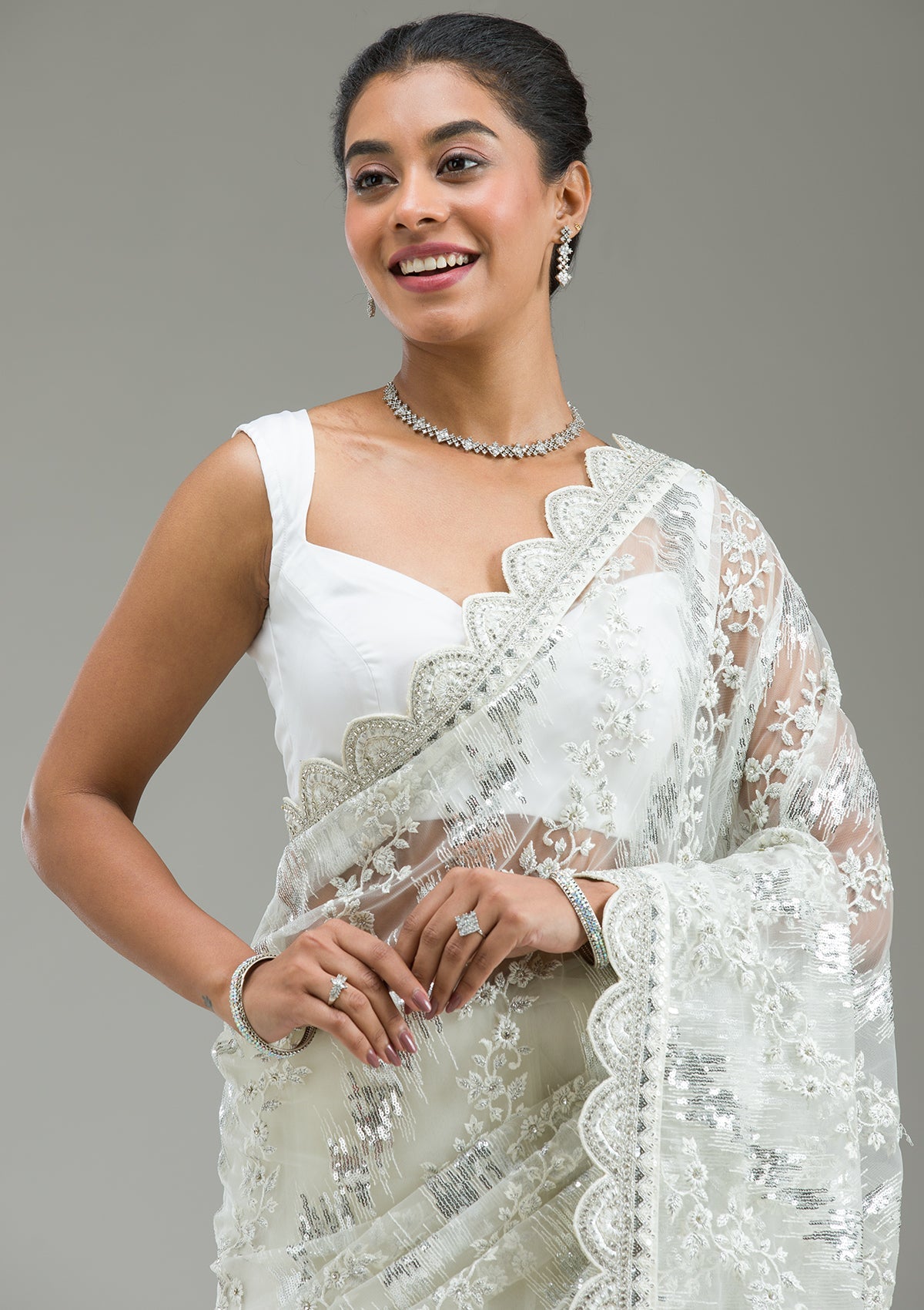 Off White Threadwork Net Saree-Koskii