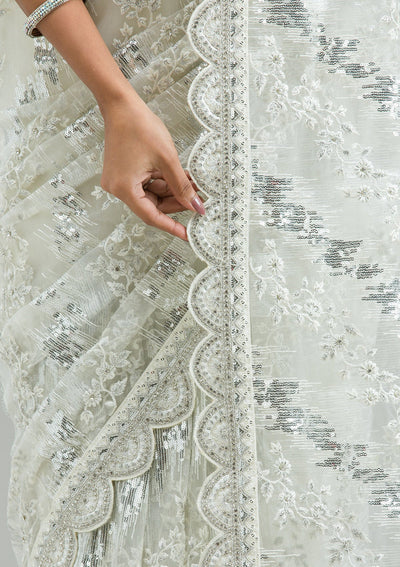 Off White Threadwork Net Saree-Koskii