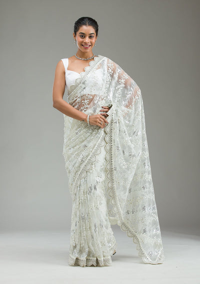 Off White Threadwork Net Saree-Koskii