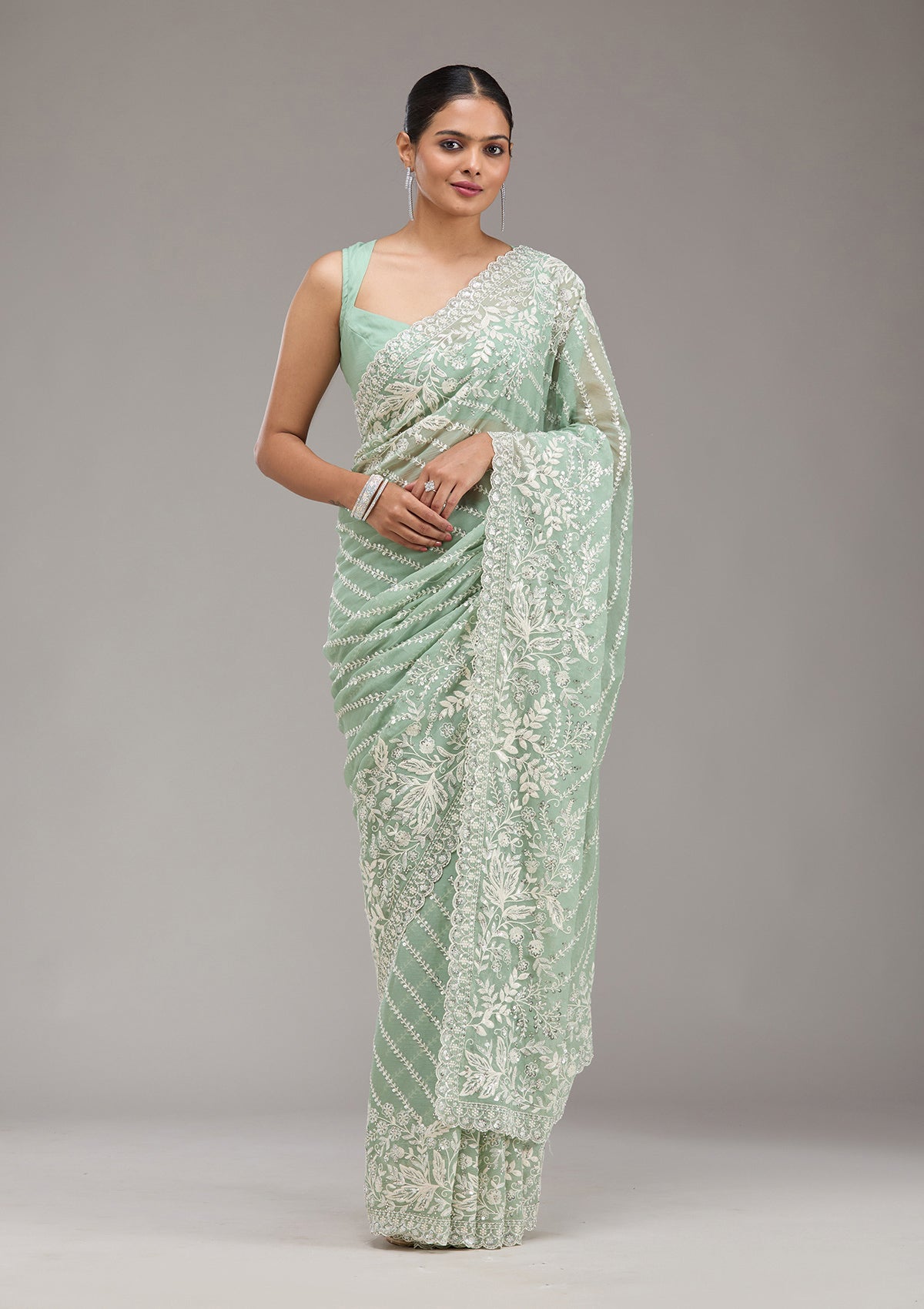 Pista Green Sequins Georgette Saree-Koskii