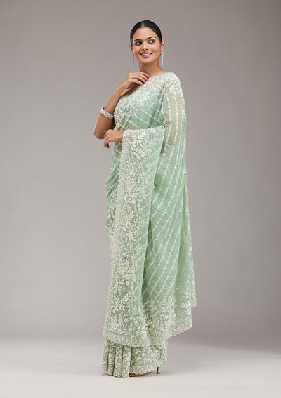 Pista Green Sequins Georgette Saree-Koskii