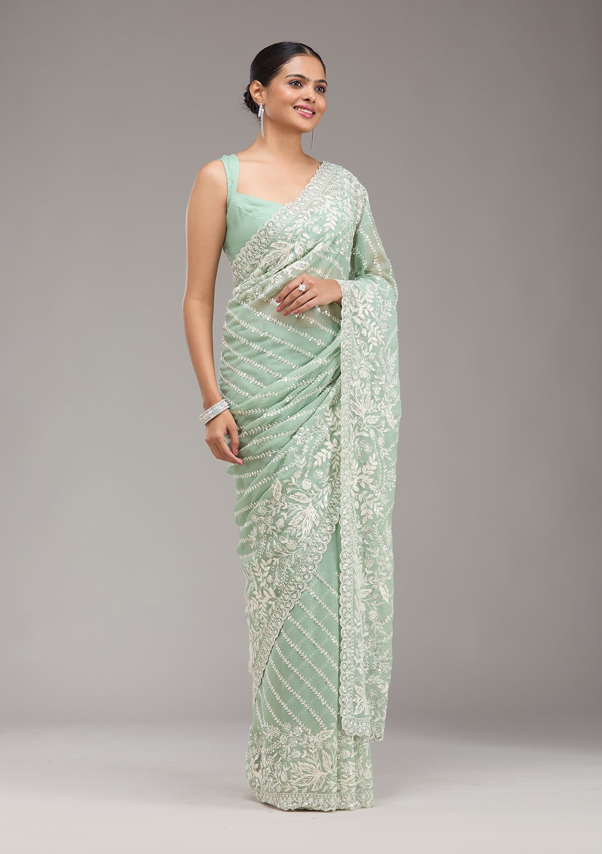 Pista Green Sequins Georgette Saree-Koskii