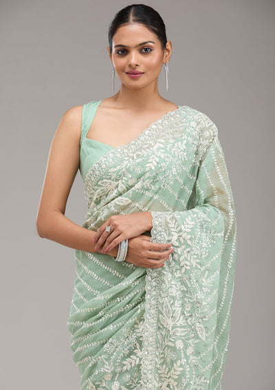 Pista Green Sequins Georgette Saree-Koskii