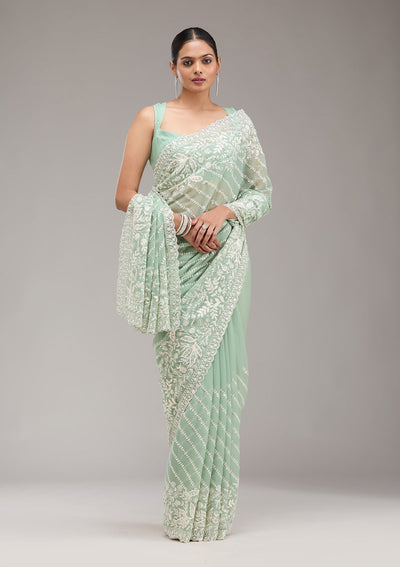 Pista Green Sequins Georgette Saree-Koskii