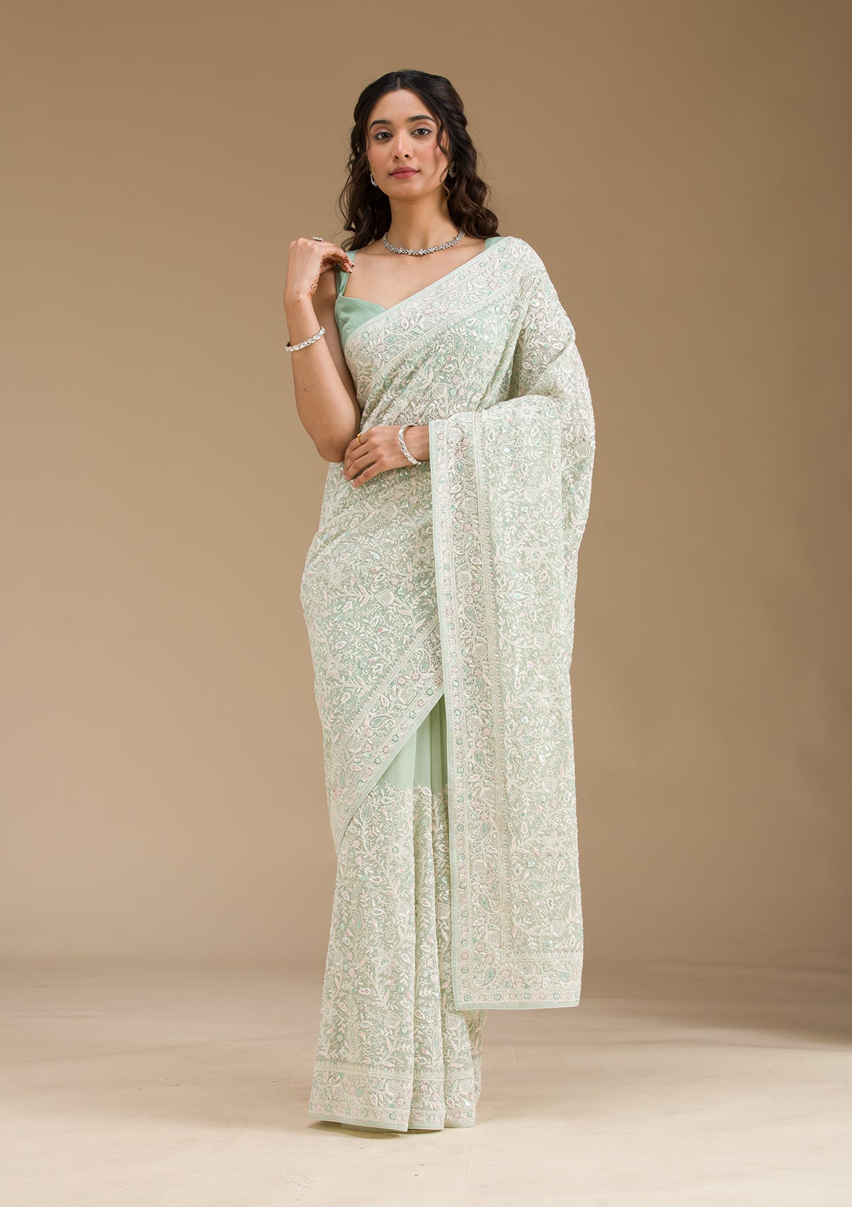 Pista Green Threadwork Georgette Saree-Koskii