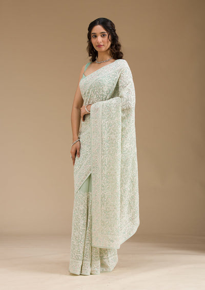 Pista Green Threadwork Georgette Saree-Koskii