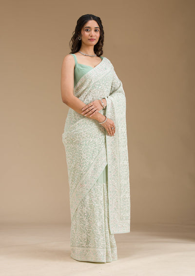 Pista Green Threadwork Georgette Saree-Koskii