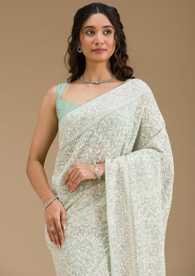 Pista Green Threadwork Georgette Saree-Koskii