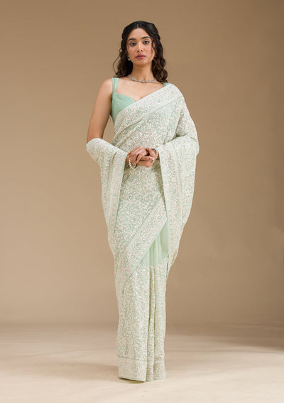 Pista Green Threadwork Georgette Saree-Koskii